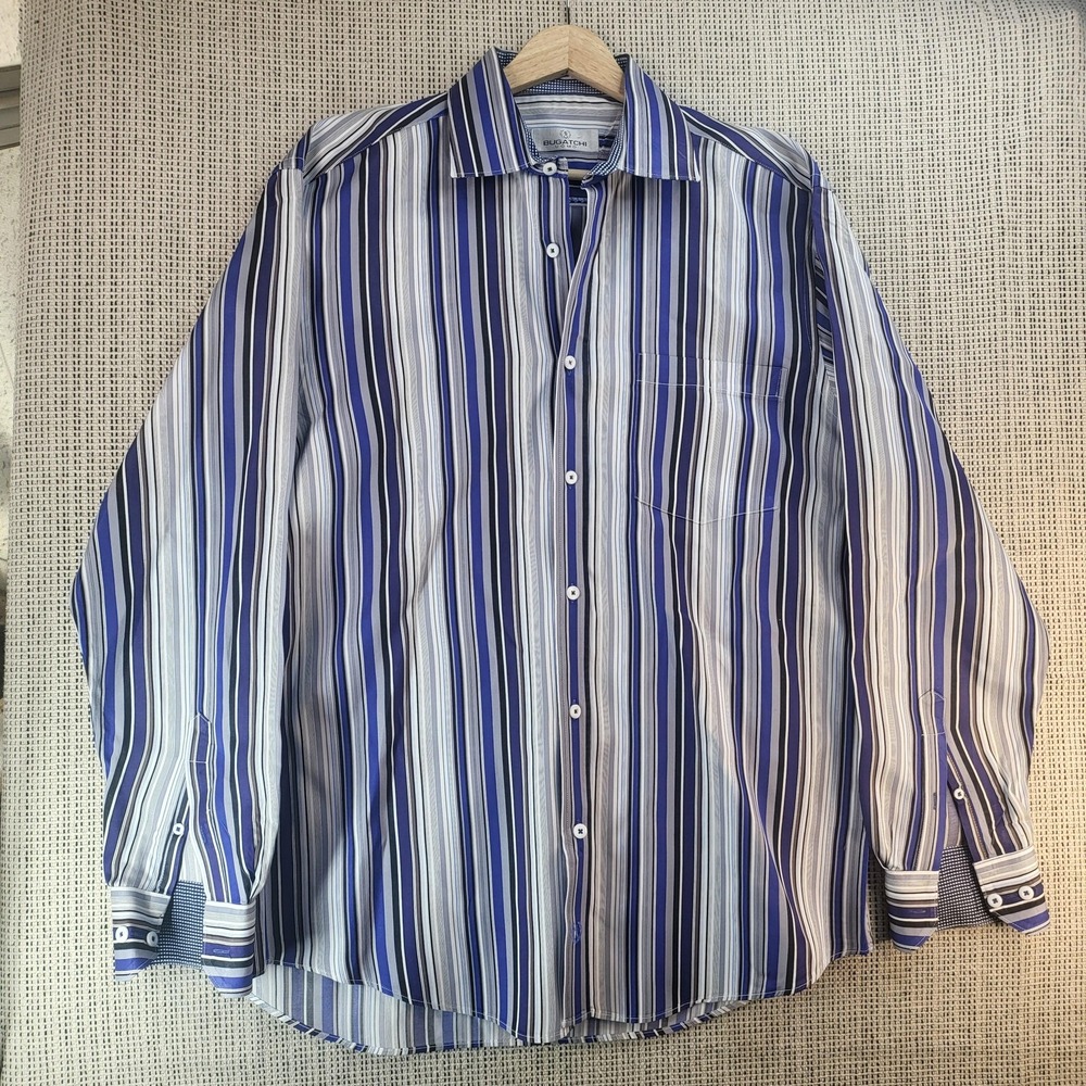 Bugatchi Uomo Shirt Mens Large Blue Gray‎ Stripe Shaped Fit Long Sleeve Dress